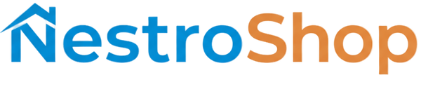 Create a professional, single-line logo for NestroShop with a transparent background. The word 'Nestro' should incorporate a subtle home-themed design (like a roof or house icon integrated into the letters) in one color, while 'Shop' is in a different, complementary color. Make the combination modern, eye-catching, and minimalistic.